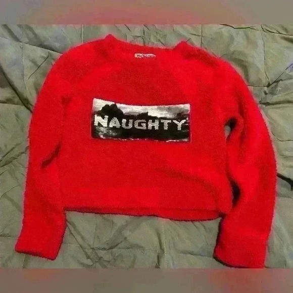 Wallflower Sweaters - “Naughty Nice” sequin flippable words Christmas  sweater by Wallflower red